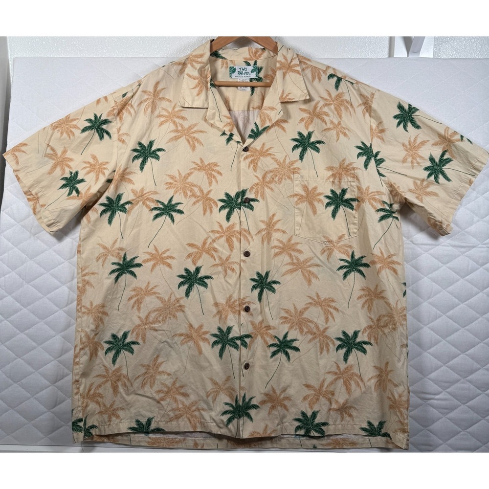 Two Palms Hawaiian Shirt 2XL Made in Hawaii Palm Tree Yellow Aloha Button‎ Up